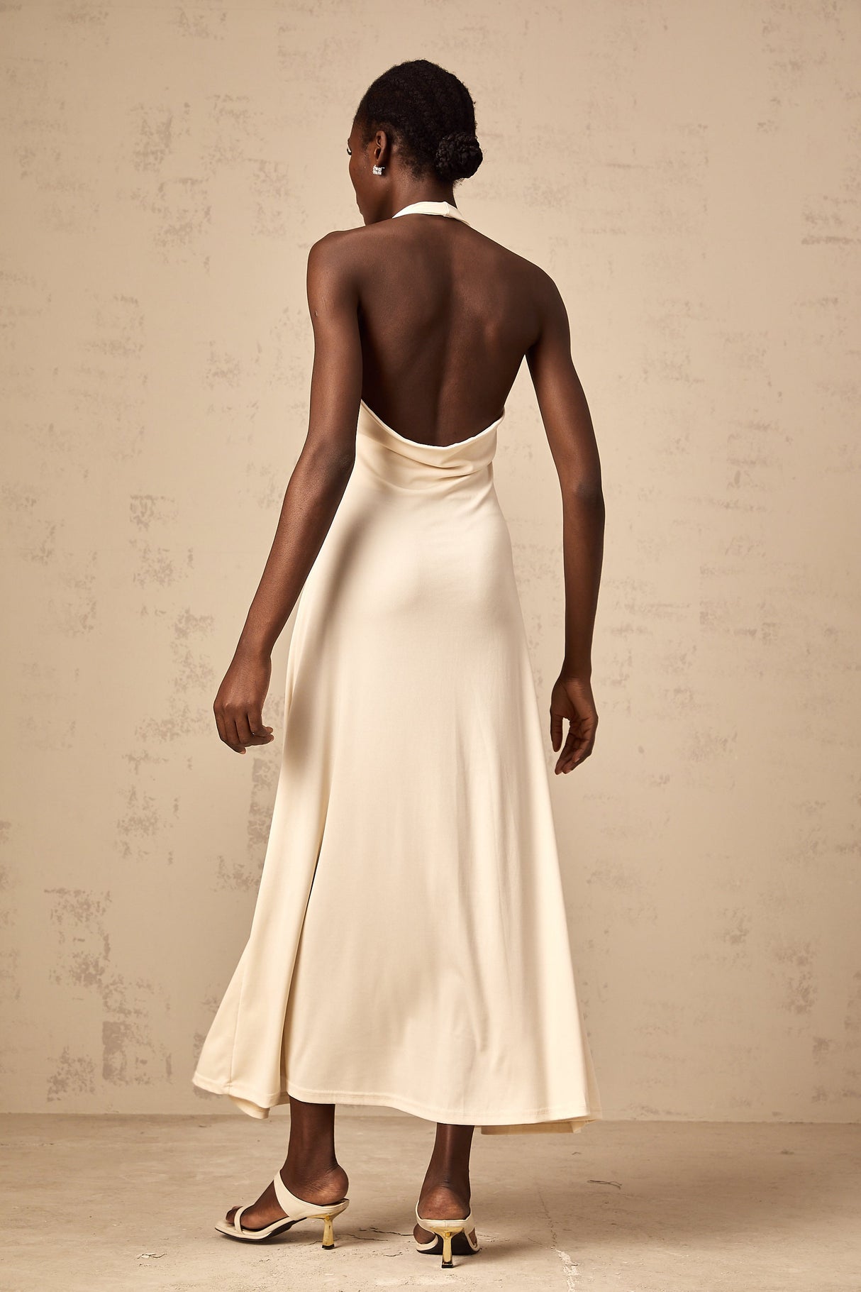 Aurohaya Géraldine white deep V-neck draped maxi dress