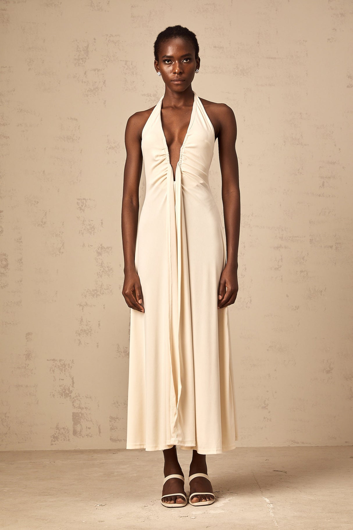 Aurohaya Géraldine white deep V-neck draped maxi dress