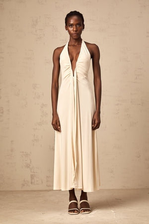 Aurohaya Géraldine white deep V-neck draped maxi dress