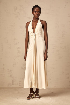Aurohaya Géraldine white deep V-neck draped maxi dress