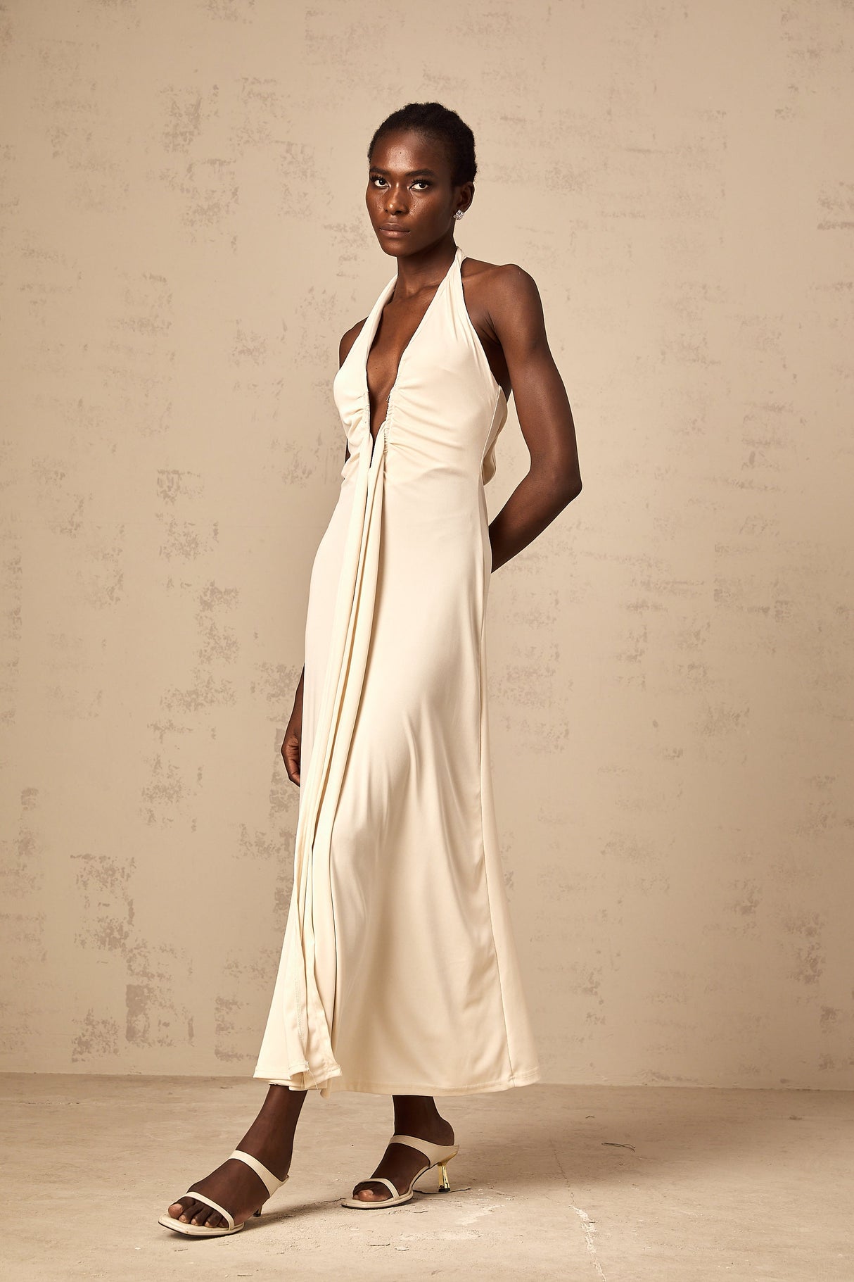 Aurohaya Géraldine white deep V-neck draped maxi dress