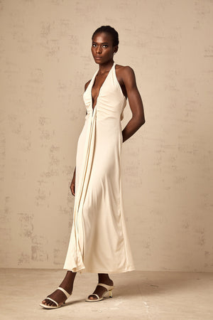 Aurohaya Géraldine white deep V-neck draped maxi dress