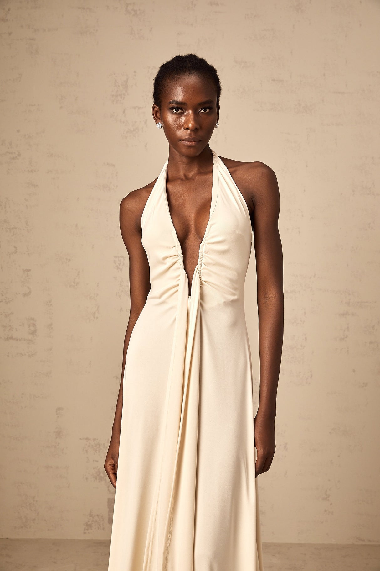 Aurohaya Géraldine white deep V-neck draped maxi dress