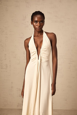 Aurohaya Géraldine white deep V-neck draped maxi dress