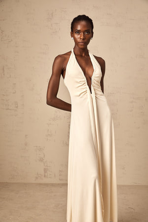 Aurohaya Géraldine white deep V-neck draped maxi dress