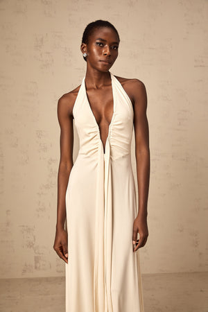 Aurohaya Géraldine white deep V-neck draped maxi dress