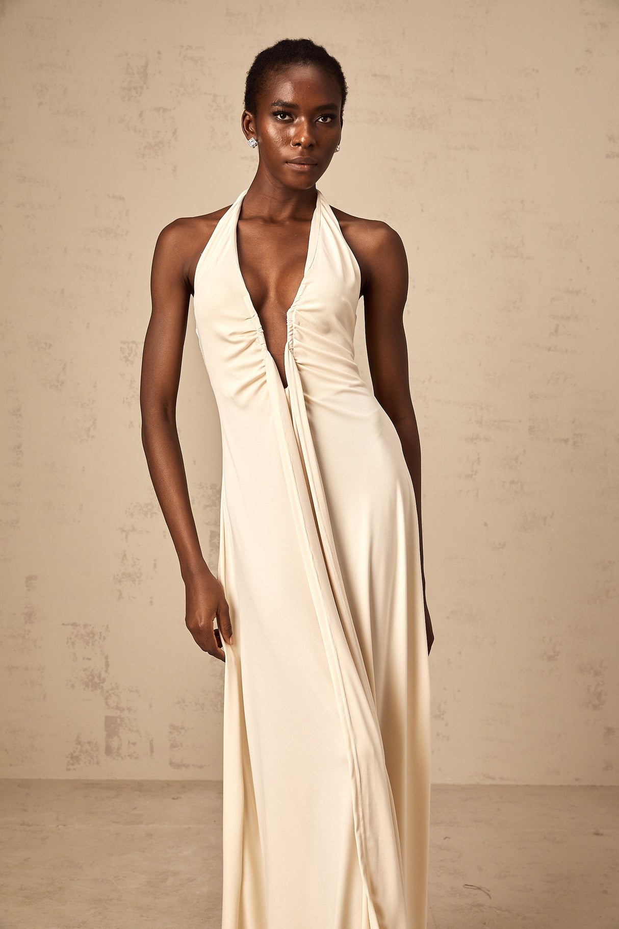 Aurohaya Géraldine white deep V-neck draped maxi dress