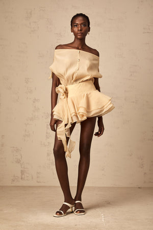 Aurohaya Amélie floral-appliqué flounced mini dress in Neutrals