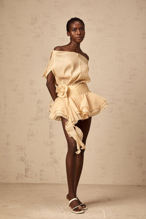 Aurohaya Amélie floral-appliqué flounced mini dress in Neutrals