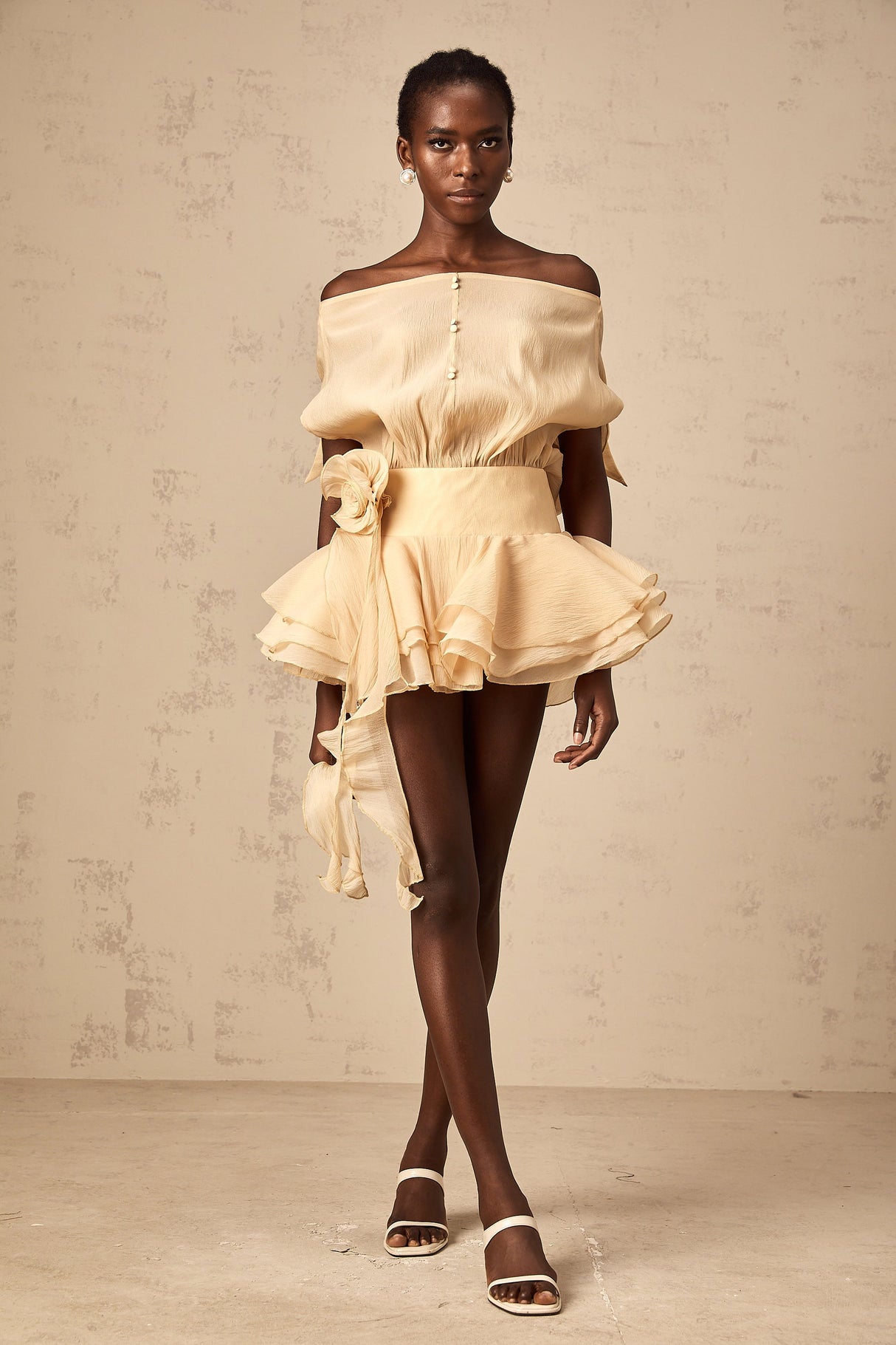 Aurohaya Amélie floral-appliqué flounced mini dress in Neutrals