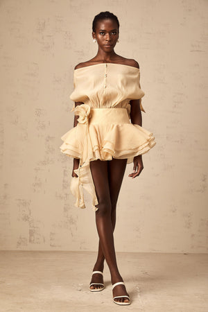 Aurohaya Amélie floral-appliqué flounced mini dress in Neutrals