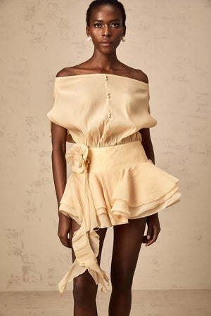 Aurohaya Amélie floral-appliqué flounced mini dress in Neutrals