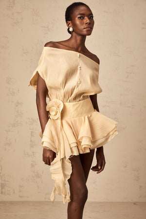 Aurohaya Amélie floral-appliqué flounced mini dress in Neutrals