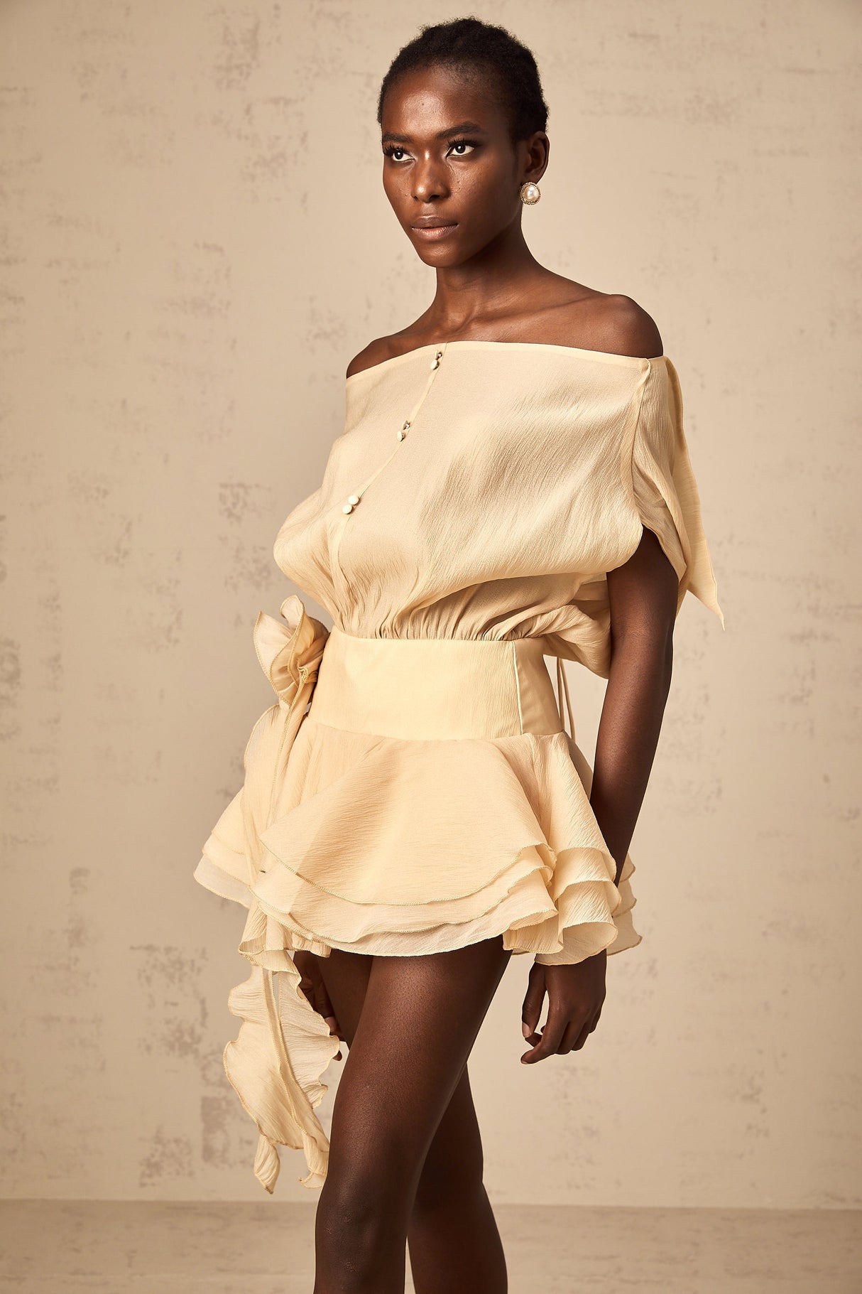 Aurohaya Amélie floral-appliqué flounced mini dress in Neutrals