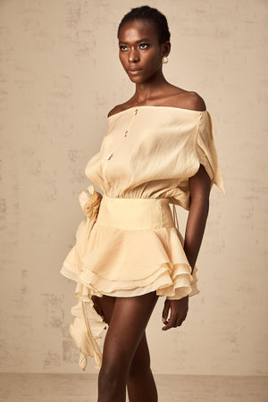 Aurohaya Amélie floral-appliqué flounced mini dress in Neutrals