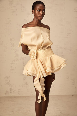 Aurohaya Amélie floral-appliqué flounced mini dress in Neutrals
