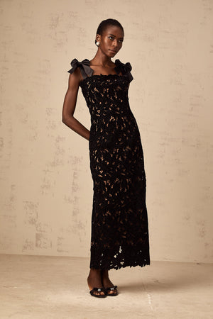 Aurohaya Eloise black floral embroidered maxi dress