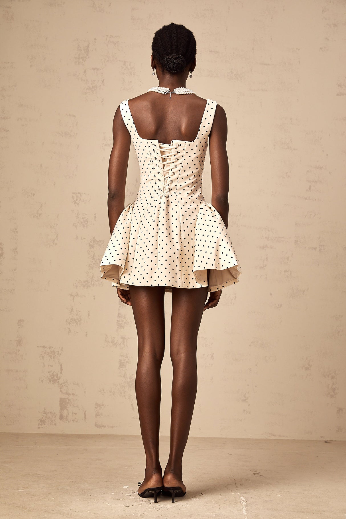 Aurohaya Geneviève neutrals polka-dot puff mini dress