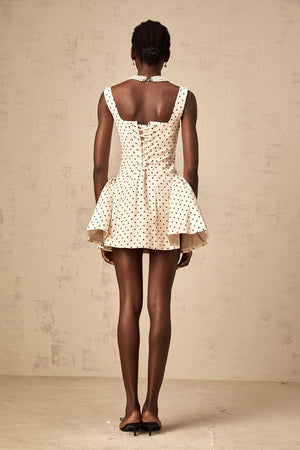 Aurohaya Geneviève neutrals polka-dot puff mini dress