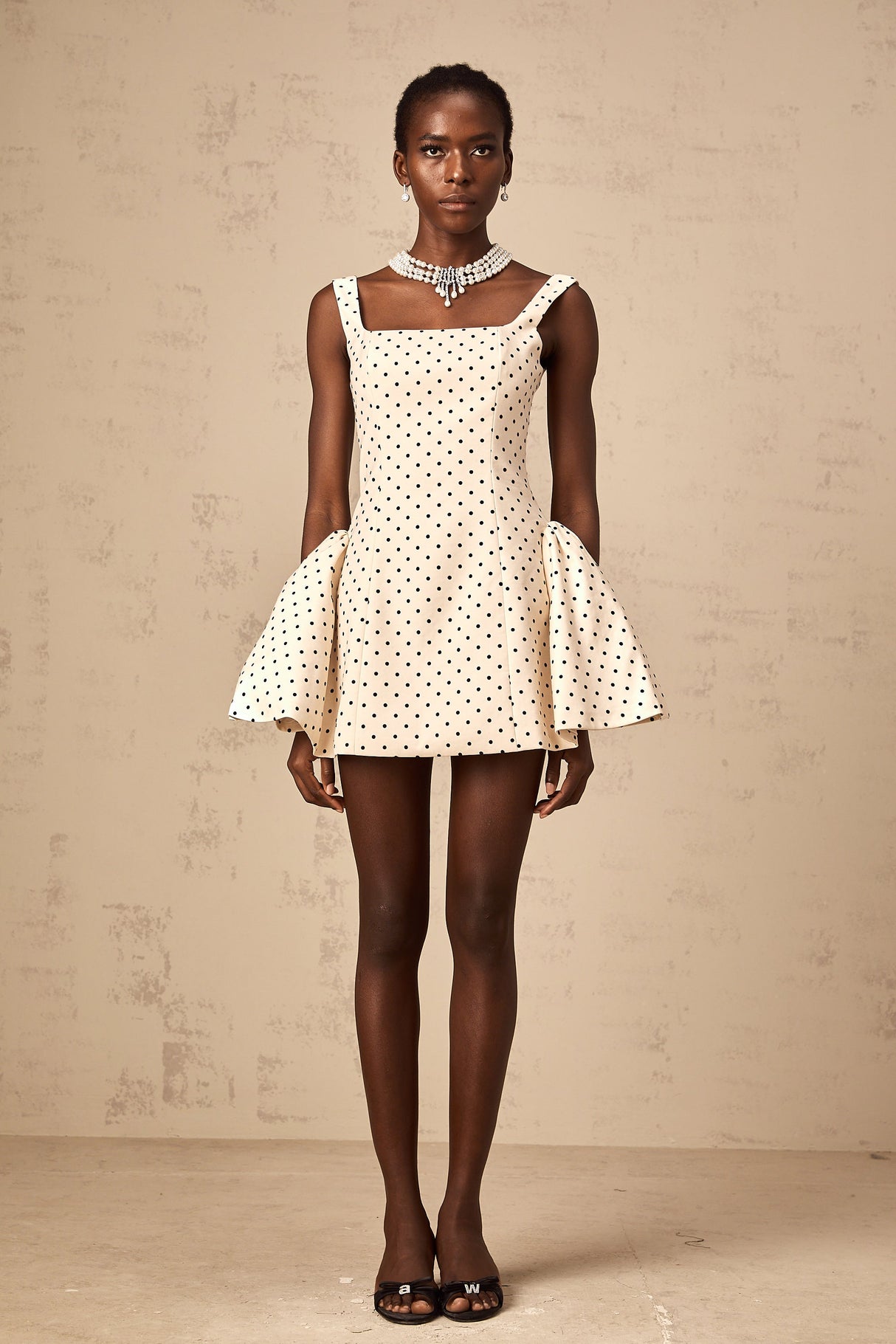 Aurohaya Geneviève neutrals polka-dot puff mini dress