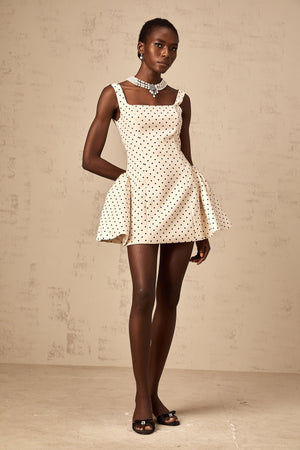 Aurohaya Geneviève neutrals polka-dot puff mini dress