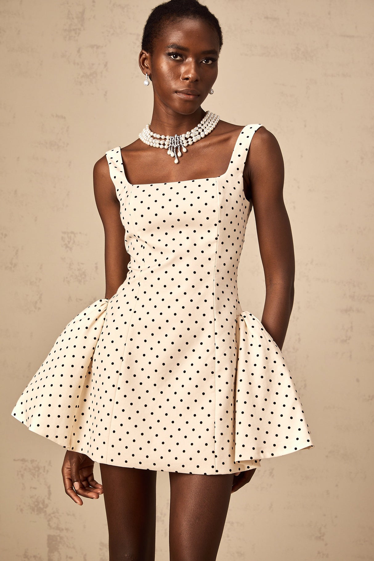 Aurohaya Geneviève neutrals polka-dot puff mini dress