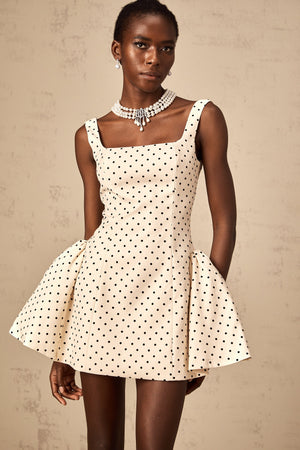 Aurohaya Geneviève neutrals polka-dot puff mini dress