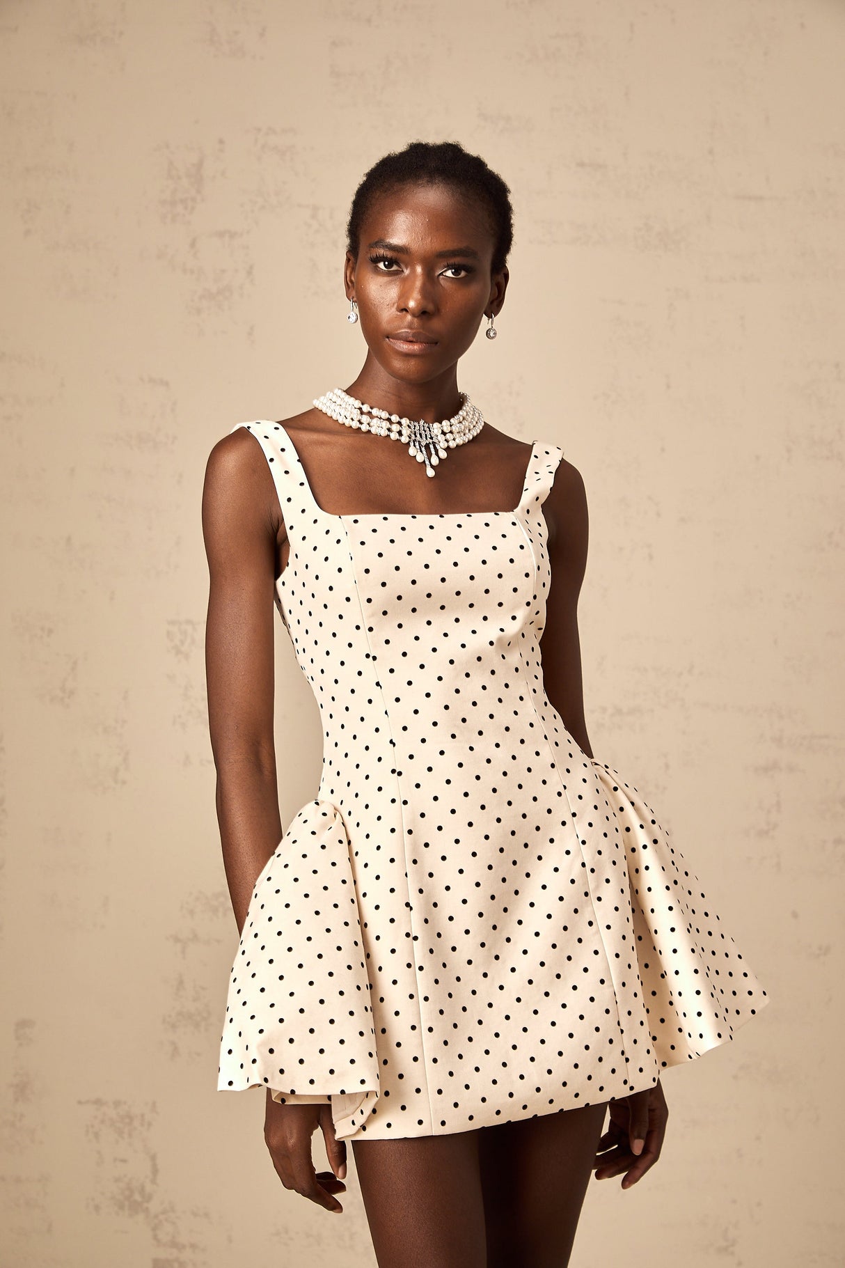 Aurohaya Geneviève neutrals polka-dot puff mini dress