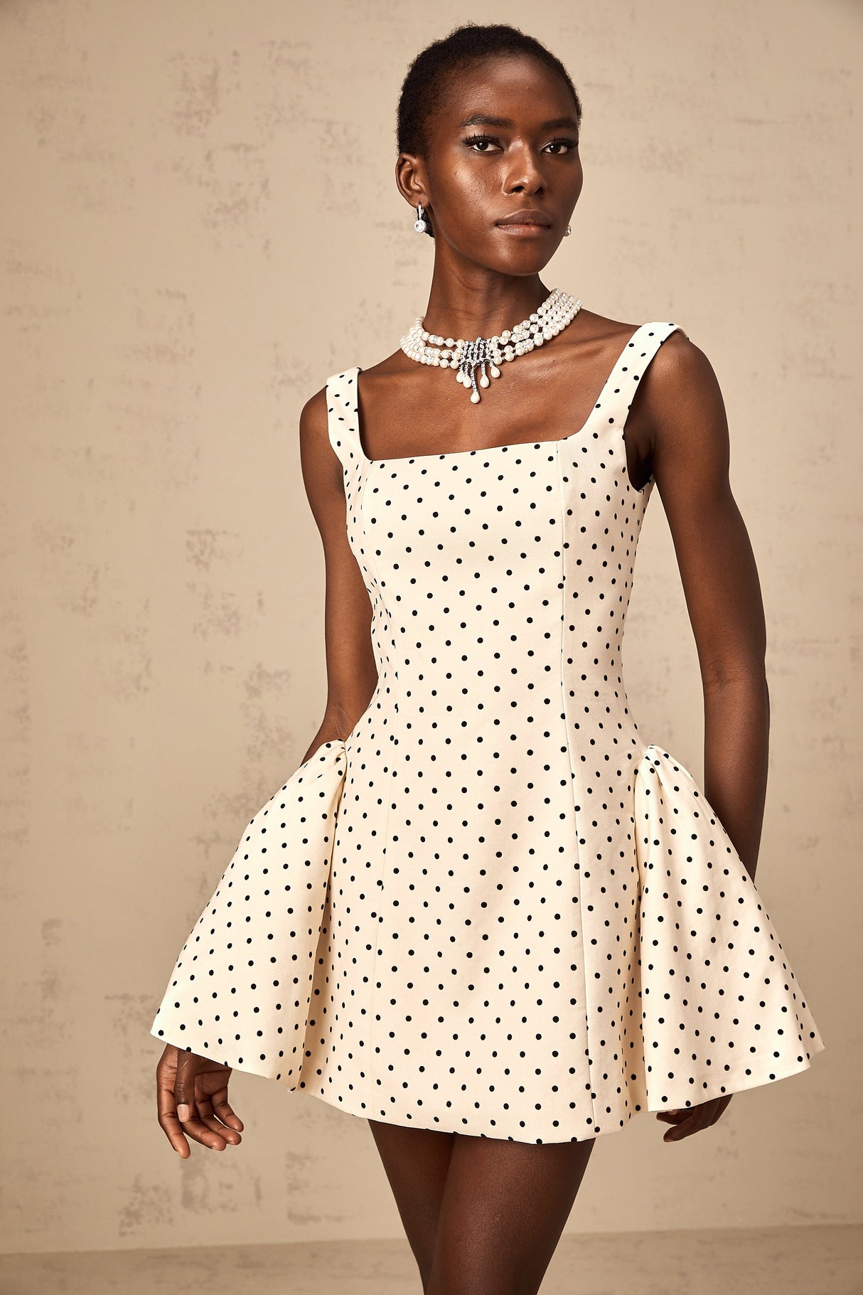 Aurohaya Geneviève neutrals polka-dot puff mini dress
