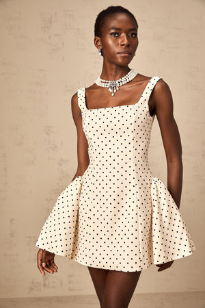 Aurohaya Geneviève neutrals polka-dot puff mini dress