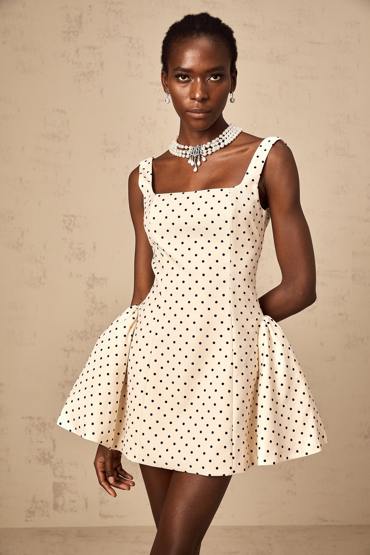 Aurohaya Geneviève neutrals polka-dot puff mini dress
