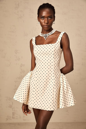Aurohaya Geneviève neutrals polka-dot puff mini dress