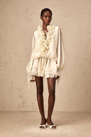 Aurohaya Léonie floral-appliqué tiered mini dress in Neutrals