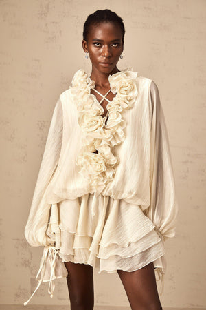 Aurohaya Léonie floral-appliqué tiered mini dress in Neutrals