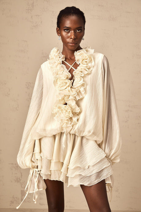 Aurohaya Léonie floral-appliqué tiered mini dress in Neutrals