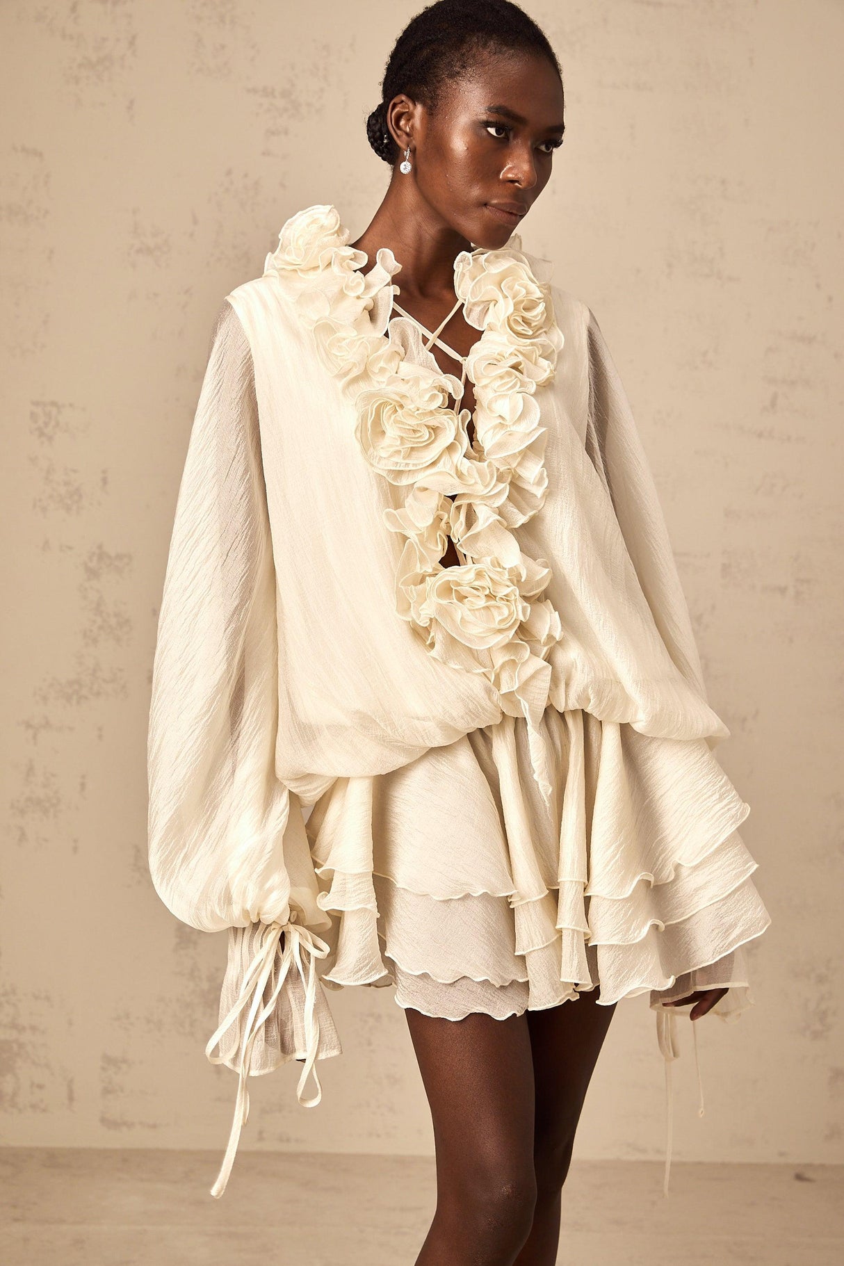 Aurohaya Léonie floral-appliqué tiered mini dress in Neutrals