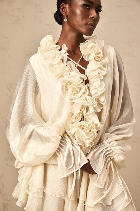 Aurohaya Léonie floral-appliqué tiered mini dress in Neutrals