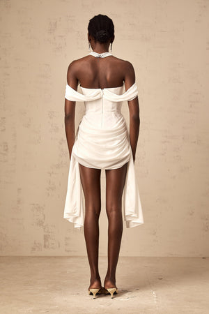 Aurohaya Gitta white ribbon-design ruched mini dress