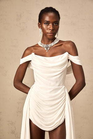 Aurohaya Gitta white ribbon-design ruched mini dress