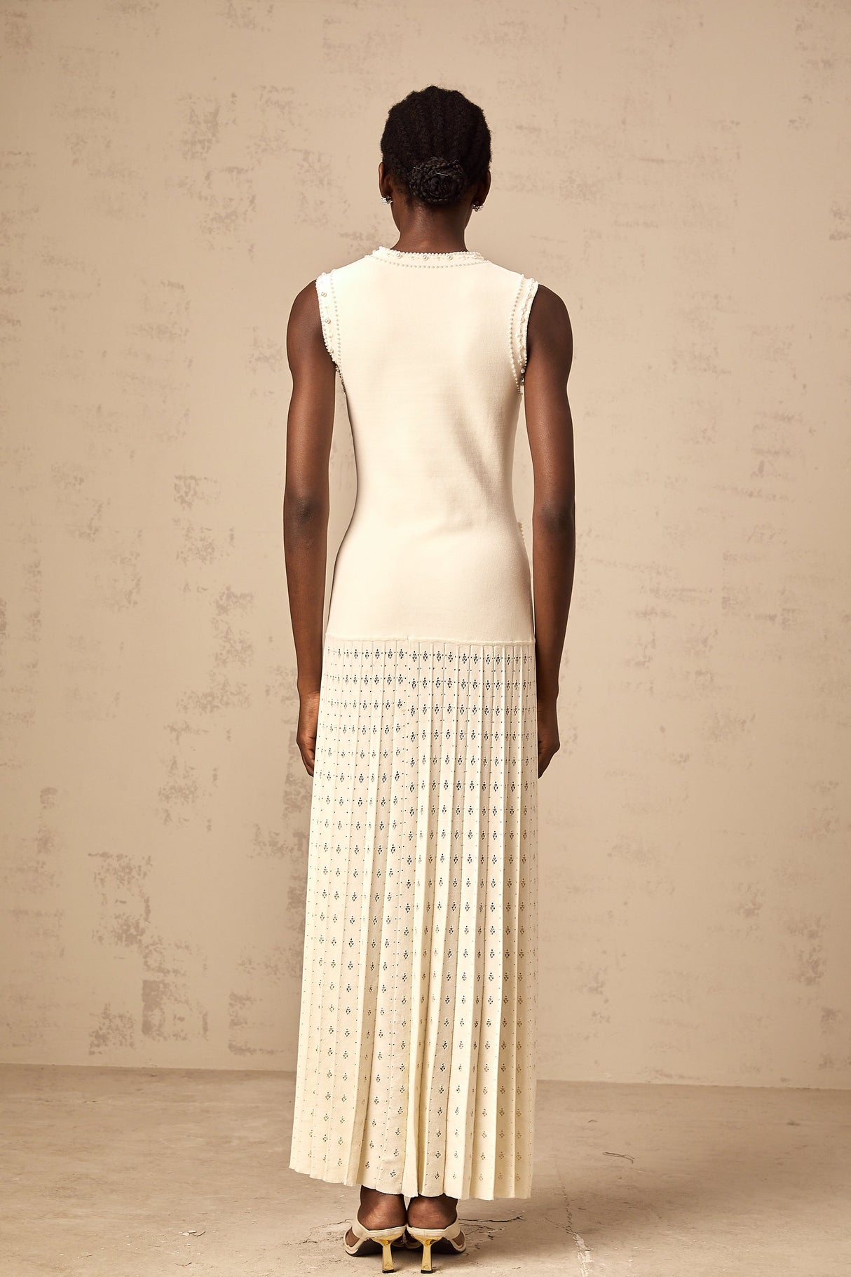 Aurohaya Donatienne white faux-pearl knitted maxi dress