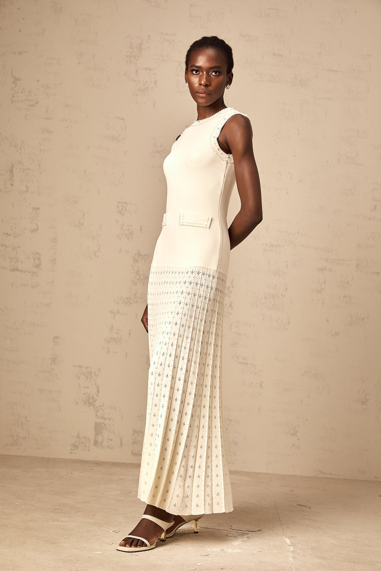 Aurohaya Donatienne white faux-pearl knitted maxi dress