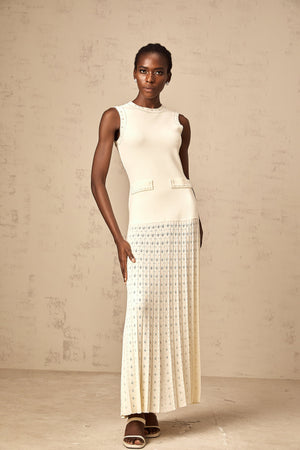 Aurohaya Donatienne white faux-pearl knitted maxi dress