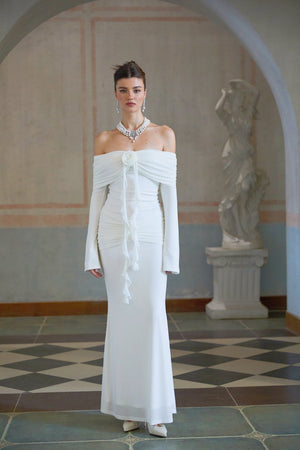 Aurohaya Wanda white glittered floral-appliqué knit maxi dress