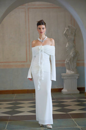 Aurohaya Wanda white glittered floral-appliqué knit maxi dress