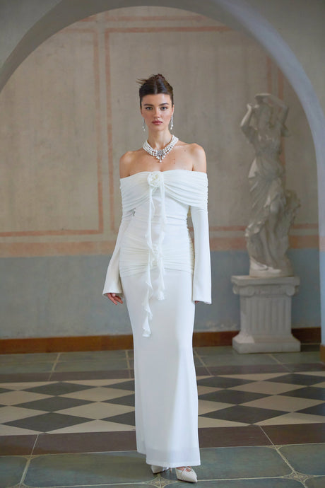 Aurohaya Wanda white glittered floral-appliqué knit maxi dress