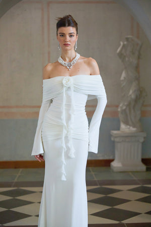 Aurohaya Wanda white glittered floral-appliqué knit maxi dress