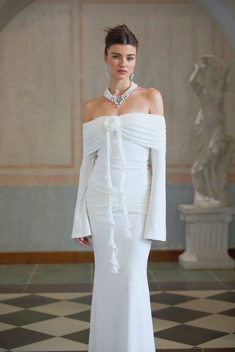 Aurohaya Wanda white glittered floral-appliqué knit maxi dress