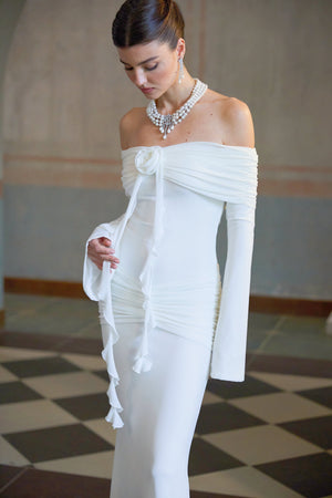 Aurohaya Wanda white glittered floral-appliqué knit maxi dress