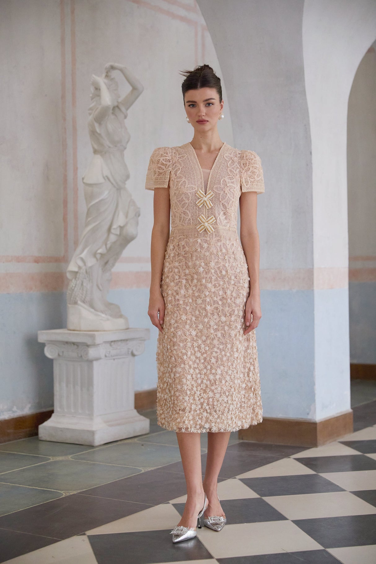 Aurohaya Bérengère Neutrals Faux-flower Crochet Midi Dress