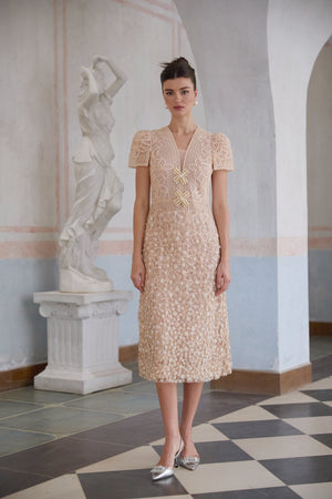 Aurohaya Bérengère Neutrals Faux-flower Crochet Midi Dress